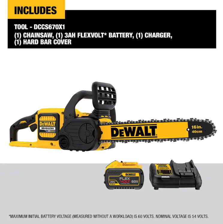 DEWALT 16" 60V MAX Brushless Cordless Battery Powered Chainsaw Kit with (1) FLEXVOLT 3Ah Battery & Charger