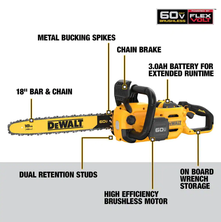 DEWALT 18" 60V MAX Brushless Cordless Battery Powered Chainsaw Kit with (1) FLEXVOLT 3Ah Battery & Charger